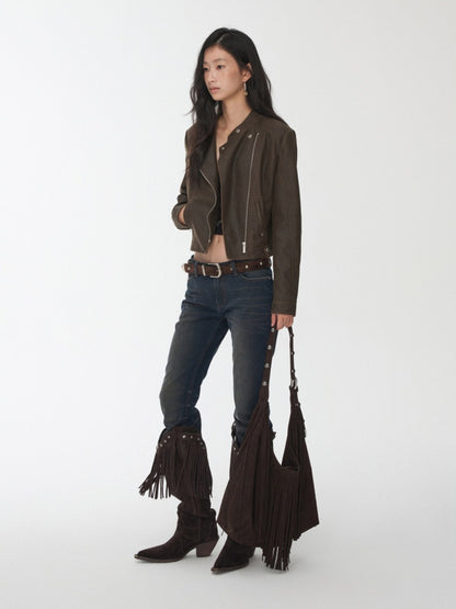 Vintage Suede Tassel Rivet Tote Bag Large Capacity Fashionable Versatile Shoulder Bag【s0000014951】