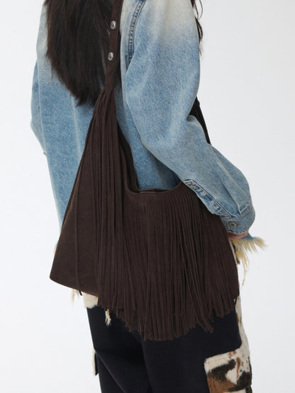 Vintage Suede Tassel Rivet Tote Bag Large Capacity Fashionable Versatile Shoulder Bag【s0000014951】
