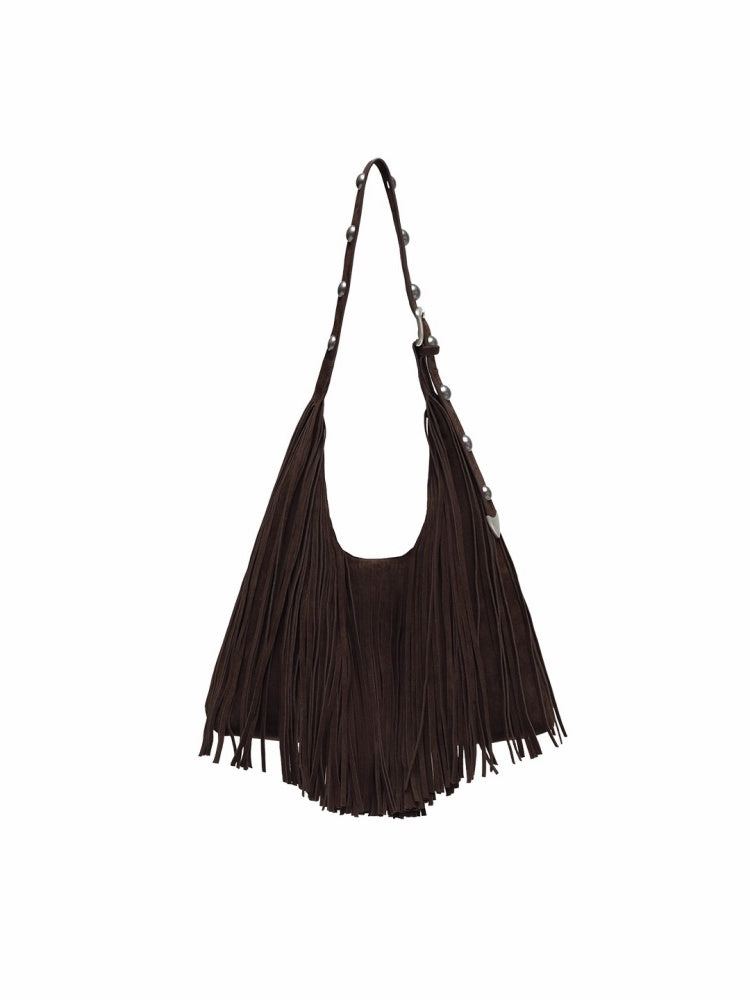 Vintage Suede Tassel Rivet Tote Bag Large Capacity Fashionable Versatile Shoulder Bag【s0000014951】