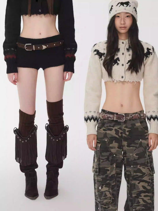 Vintage Camouflage Riveted Metal Buckle Imitation Horse Fur Belt【s0000014952】
