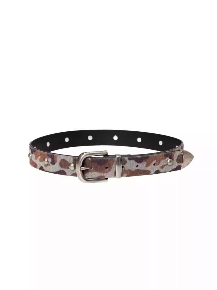 Vintage Camouflage Riveted Metal Buckle Imitation Horse Fur Belt【s0000014952】