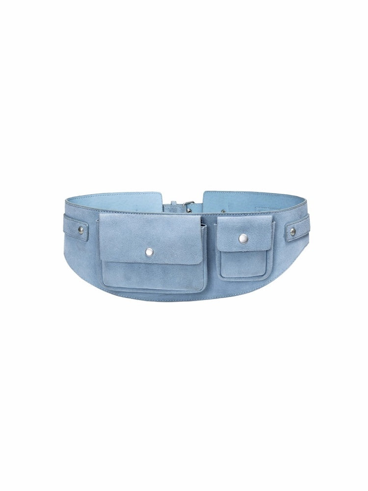 Vintage Suede Metal Buckle Waist Closure Multi-Pocket Workwear Style Wide Belt Bag【s0000014953】