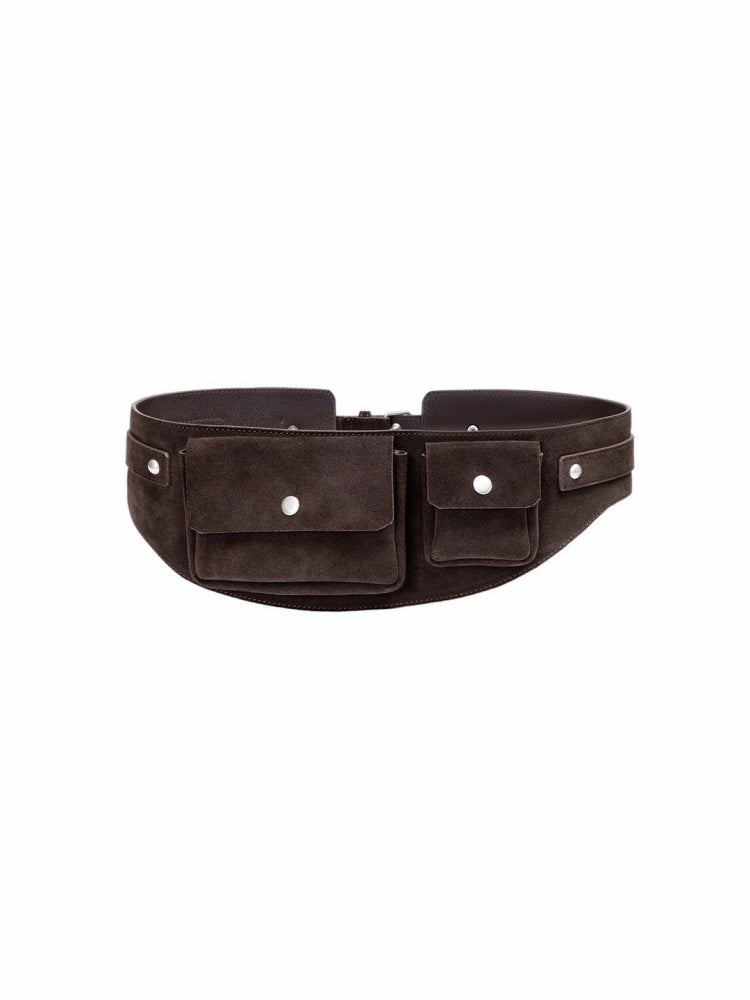 Vintage Suede Metal Buckle Waist Closure Multi-Pocket Workwear Style Wide Belt Bag【s0000014953】