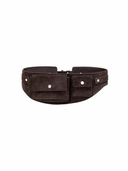Vintage Suede Metal Buckle Waist Closure Multi-Pocket Workwear Style Wide Belt Bag【s0000014953】