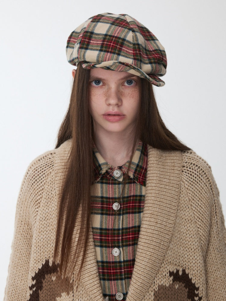 Retro British Style Two-Tone Plaid Newsboy Hat Literary Versatile Face-Revealing Little Beret【s0000014954】