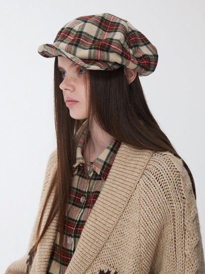 Retro British Style Two-Tone Plaid Newsboy Hat Literary Versatile Face-Revealing Little Beret【s0000014954】