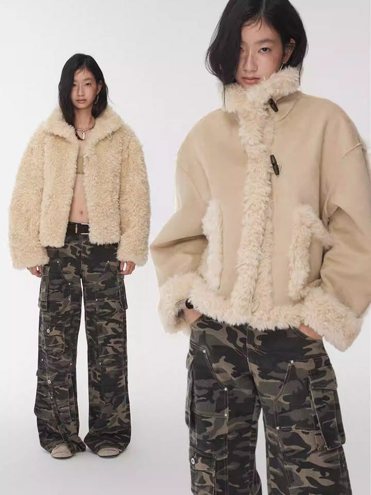 Vintage Stand Collar Fur Integrated Suede Reverse Wear Short  Medium Lamb Skin Jacket【s0000014955】