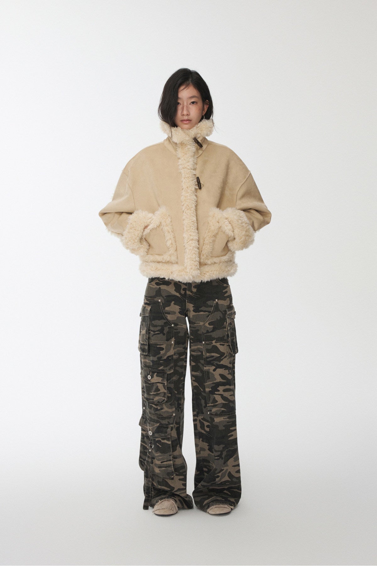 Vintage Stand Collar Fur Integrated Suede Reverse Wear Short  Medium Lamb Skin Jacket【s0000014955】