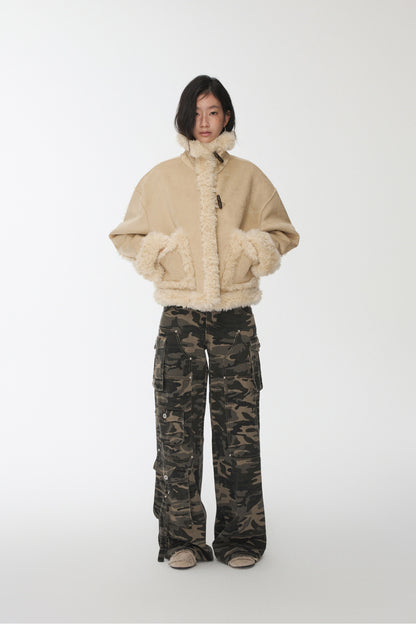 Vintage Stand Collar Fur Integrated Suede Reverse Wear Short  Medium Lamb Skin Jacket【s0000014955】