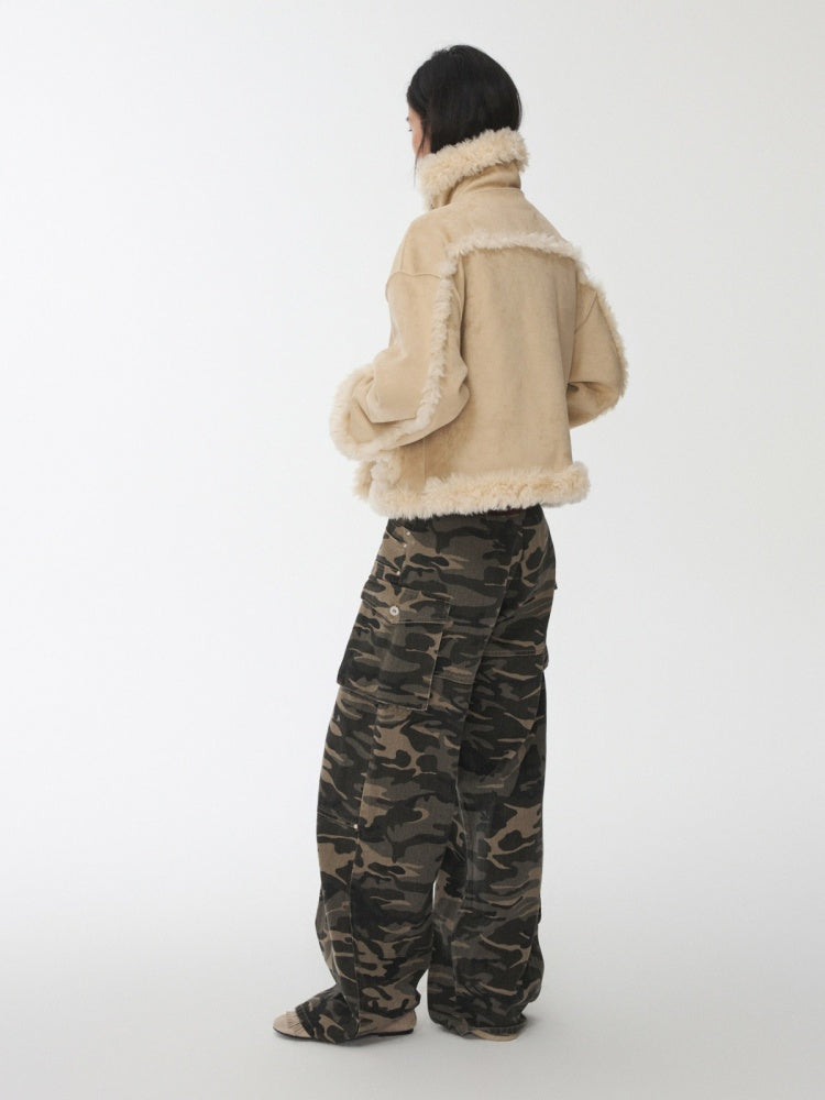 Vintage Stand Collar Fur Integrated Suede Reverse Wear Short  Medium Lamb Skin Jacket【s0000014955】