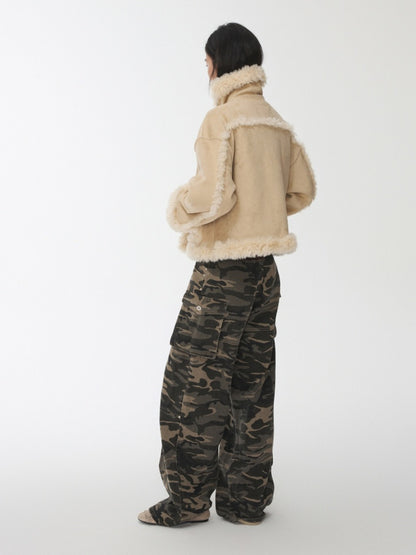 Vintage Stand Collar Fur Integrated Suede Reverse Wear Short  Medium Lamb Skin Jacket【s0000014955】