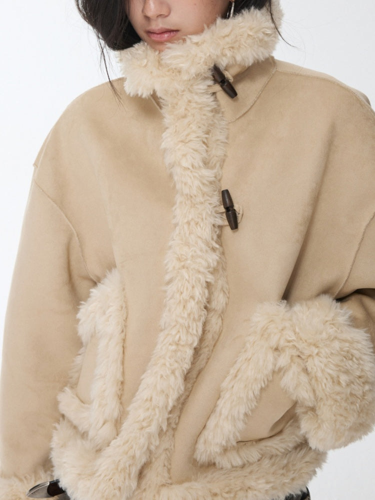 Vintage Stand Collar Fur Integrated Suede Reverse Wear Short  Medium Lamb Skin Jacket【s0000014955】