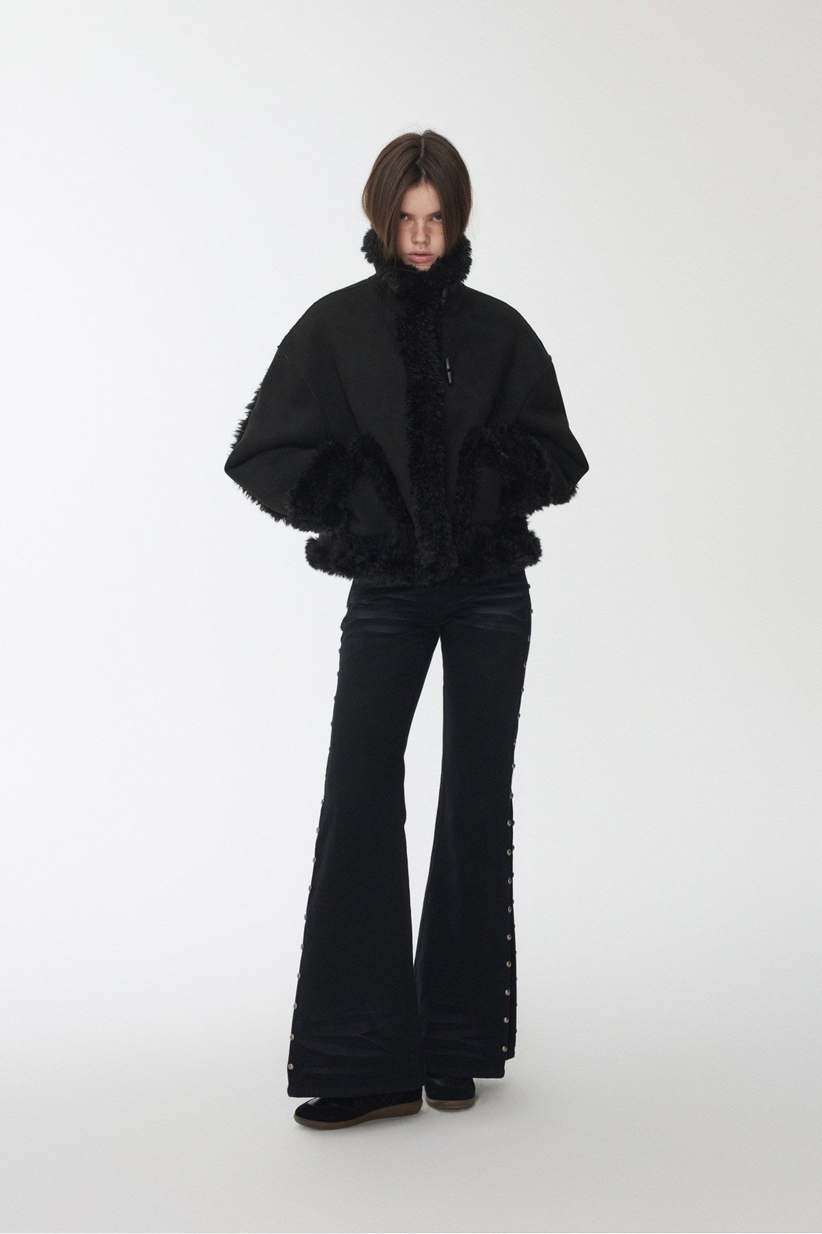 Vintage Stand Collar Fur Integrated Suede Reverse Wear Short  Medium Lamb Skin Jacket【s0000014955】