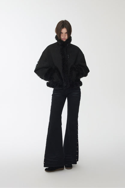 Vintage Stand Collar Fur Integrated Suede Reverse Wear Short  Medium Lamb Skin Jacket【s0000014955】