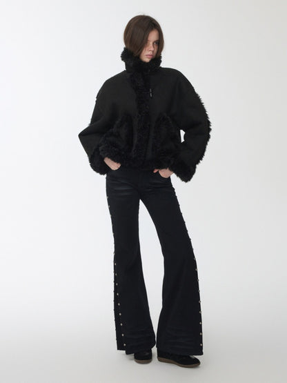 Vintage Stand Collar Fur Integrated Suede Reverse Wear Short  Medium Lamb Skin Jacket【s0000014955】