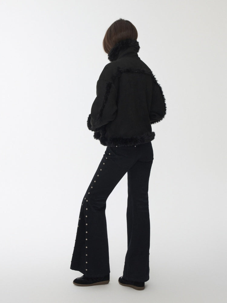 Vintage Stand Collar Fur Integrated Suede Reverse Wear Short  Medium Lamb Skin Jacket【s0000014955】