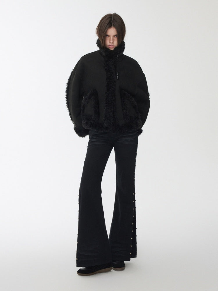 Vintage Stand Collar Fur Integrated Suede Reverse Wear Short  Medium Lamb Skin Jacket【s0000014955】