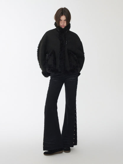 Vintage Stand Collar Fur Integrated Suede Reverse Wear Short  Medium Lamb Skin Jacket【s0000014955】