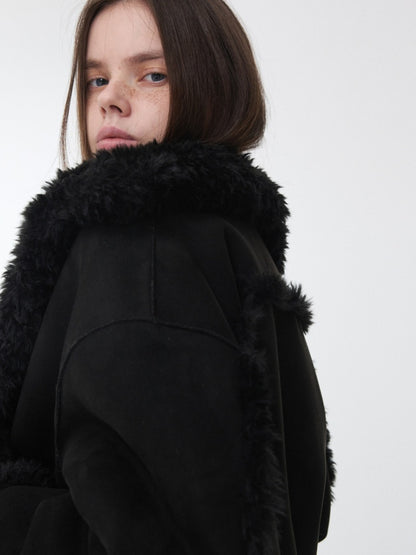 Vintage Stand Collar Fur Integrated Suede Reverse Wear Short  Medium Lamb Skin Jacket【s0000014955】