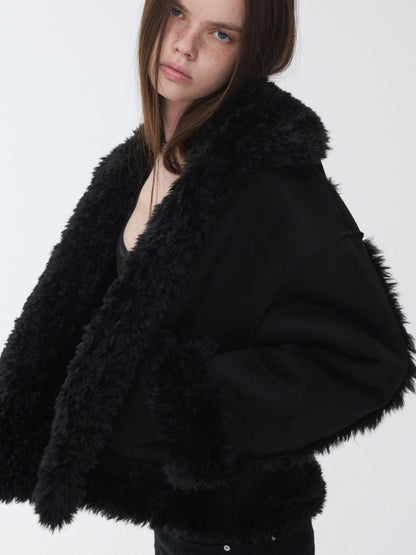 Vintage Stand Collar Fur Integrated Suede Reverse Wear Short  Medium Lamb Skin Jacket【s0000014955】