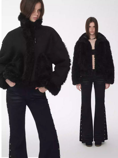 Vintage Stand Collar Fur Integrated Suede Reverse Wear Short  Medium Lamb Skin Jacket【s0000014955】