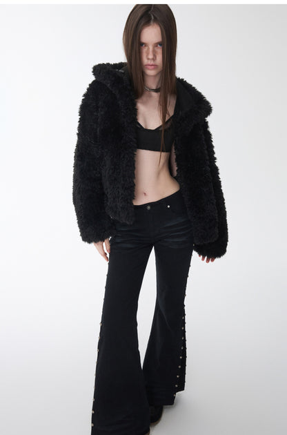 Vintage Stand Collar Fur Integrated Suede Reverse Wear Short  Medium Lamb Skin Jacket【s0000014955】