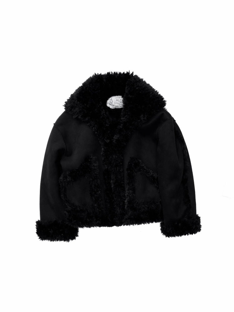 Vintage Stand Collar Fur Integrated Suede Reverse Wear Short  Medium Lamb Skin Jacket【s0000014955】