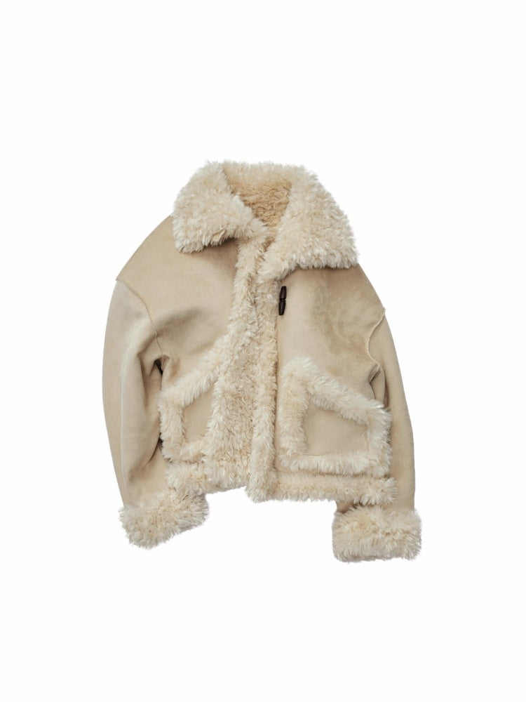 Vintage Stand Collar Fur Integrated Suede Reverse Wear Short  Medium Lamb Skin Jacket【s0000014955】