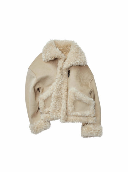 Vintage Stand Collar Fur Integrated Suede Reverse Wear Short  Medium Lamb Skin Jacket【s0000014955】
