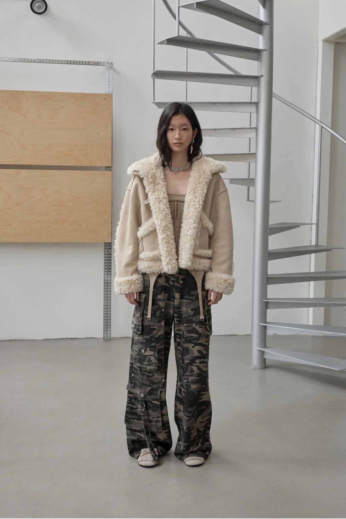Vintage Stand Collar Fur Integrated Suede Reverse Wear Short  Medium Lamb Skin Jacket【s0000014955】