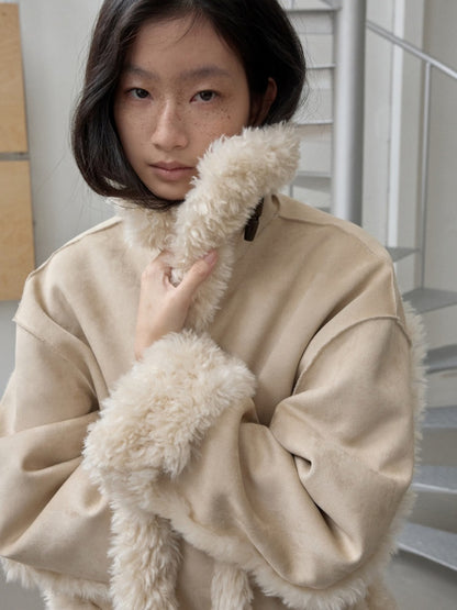 Vintage Stand Collar Fur Integrated Suede Reverse Wear Short  Medium Lamb Skin Jacket【s0000014955】