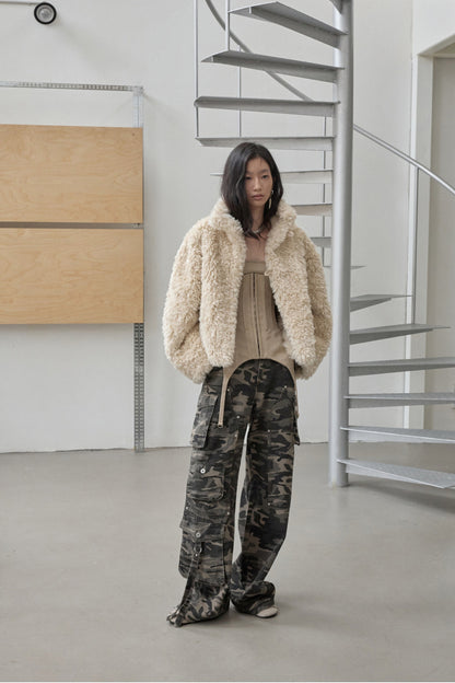 Vintage Stand Collar Fur Integrated Suede Reverse Wear Short  Medium Lamb Skin Jacket【s0000014955】