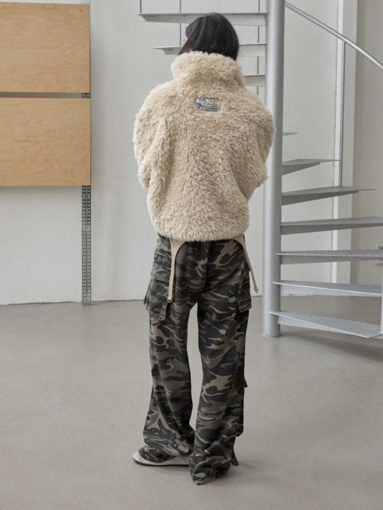 Vintage Stand Collar Fur Integrated Suede Reverse Wear Short  Medium Lamb Skin Jacket【s0000014955】