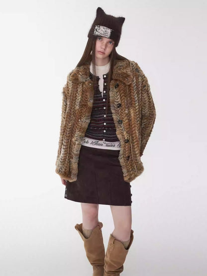 Maillard Grass Yellow Rabbit Fur Contrast Braided Fur Mid-Length Lazy Shirt Type Jacket【s0000014957】