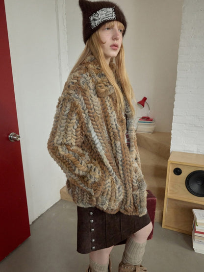 Maillard Grass Yellow Rabbit Fur Contrast Braided Fur Mid-Length Lazy Shirt Type Jacket【s0000014957】