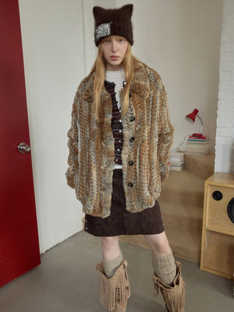 Maillard Grass Yellow Rabbit Fur Contrast Braided Fur Mid-Length Lazy Shirt Type Jacket【s0000014957】