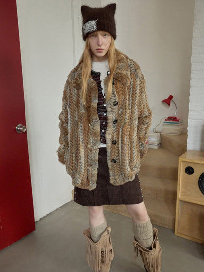 Maillard Grass Yellow Rabbit Fur Contrast Braided Fur Mid-Length Lazy Shirt Type Jacket【s0000014957】