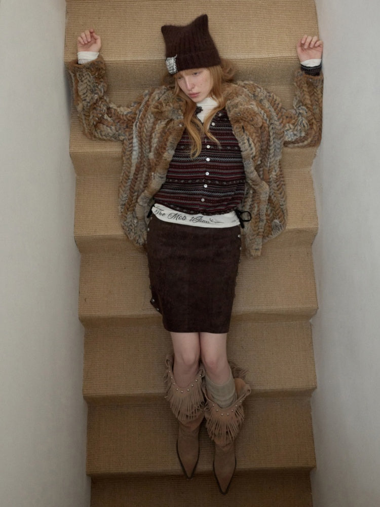 Maillard Grass Yellow Rabbit Fur Contrast Braided Fur Mid-Length Lazy Shirt Type Jacket【s0000014957】