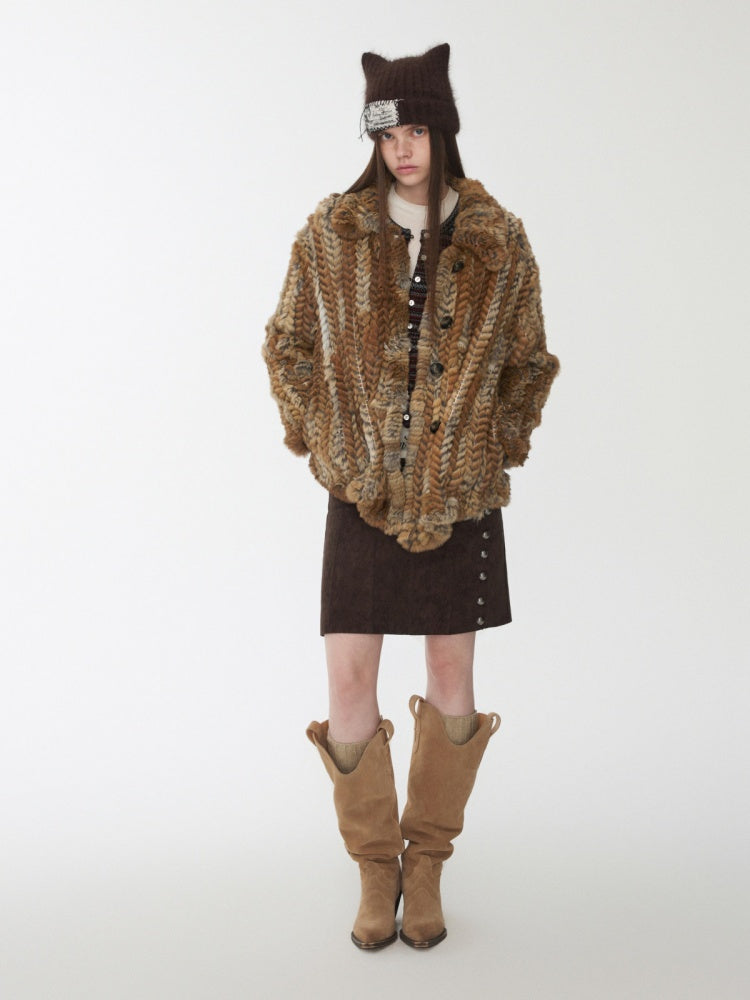 Maillard Grass Yellow Rabbit Fur Contrast Braided Fur Mid-Length Lazy Shirt Type Jacket【s0000014957】
