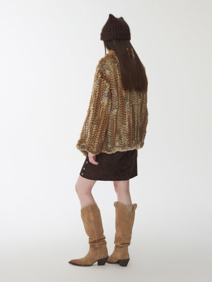Maillard Grass Yellow Rabbit Fur Contrast Braided Fur Mid-Length Lazy Shirt Type Jacket【s0000014957】