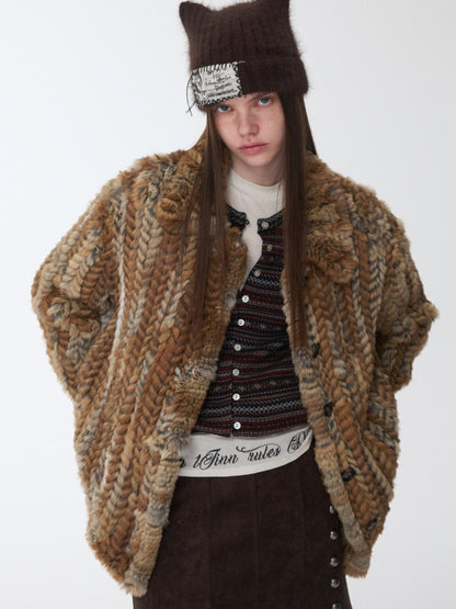 Maillard Grass Yellow Rabbit Fur Contrast Braided Fur Mid-Length Lazy Shirt Type Jacket【s0000014957】