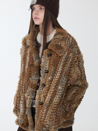 Maillard Grass Yellow Rabbit Fur Contrast Braided Fur Mid-Length Lazy Shirt Type Jacket【s0000014957】