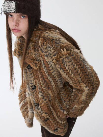 Maillard Grass Yellow Rabbit Fur Contrast Braided Fur Mid-Length Lazy Shirt Type Jacket【s0000014957】