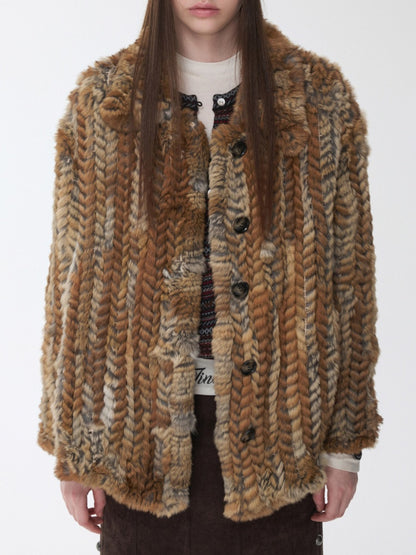 Maillard Grass Yellow Rabbit Fur Contrast Braided Fur Mid-Length Lazy Shirt Type Jacket【s0000014957】