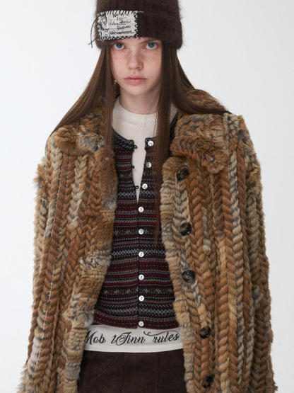 Maillard Grass Yellow Rabbit Fur Contrast Braided Fur Mid-Length Lazy Shirt Type Jacket【s0000014957】