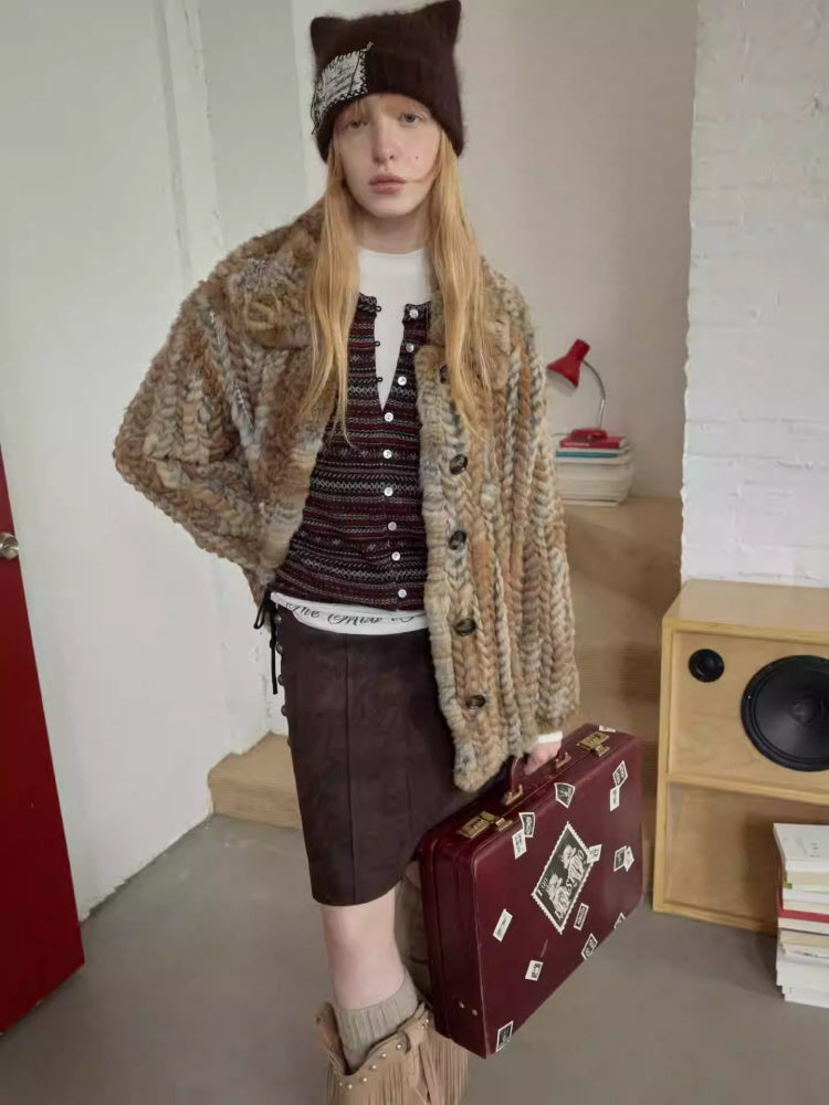 Maillard Grass Yellow Rabbit Fur Contrast Braided Fur Mid-Length Lazy Shirt Type Jacket【s0000014957】