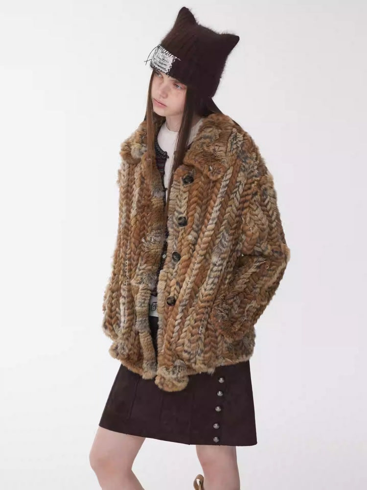 Maillard Grass Yellow Rabbit Fur Contrast Braided Fur Mid-Length Lazy Shirt Type Jacket【s0000014957】
