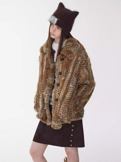 Maillard Grass Yellow Rabbit Fur Contrast Braided Fur Mid-Length Lazy Shirt Type Jacket【s0000014957】