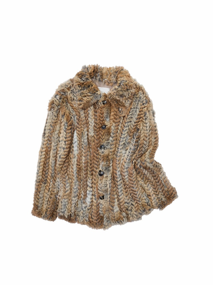 Maillard Grass Yellow Rabbit Fur Contrast Braided Fur Mid-Length Lazy Shirt Type Jacket【s0000014957】