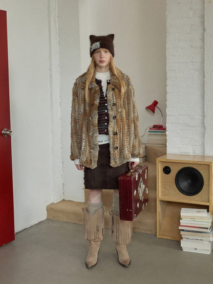 Maillard Grass Yellow Rabbit Fur Contrast Braided Fur Mid-Length Lazy Shirt Type Jacket【s0000014957】